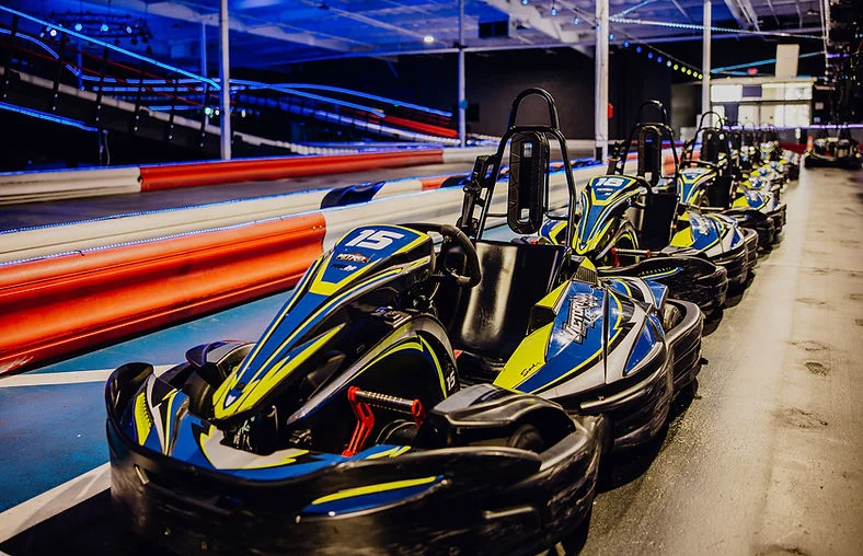 A lineup of SODI RSX2 electric karts at Nitro City Racing Fairfield