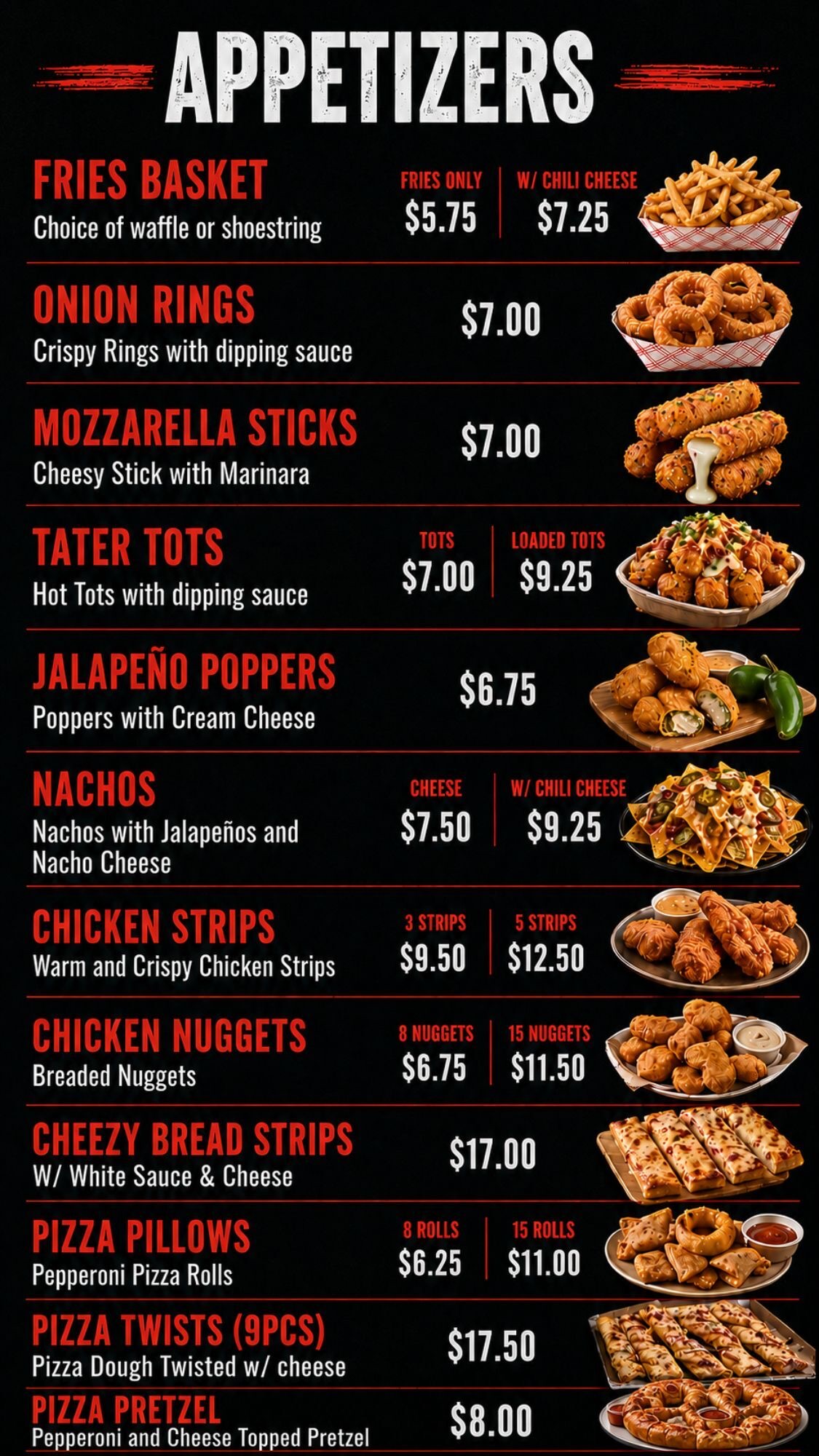 Nitro Cafe appetizers menu: fries, onion rings, mozzarella sticks, tots, poppers, nachos, and pizza snacks
