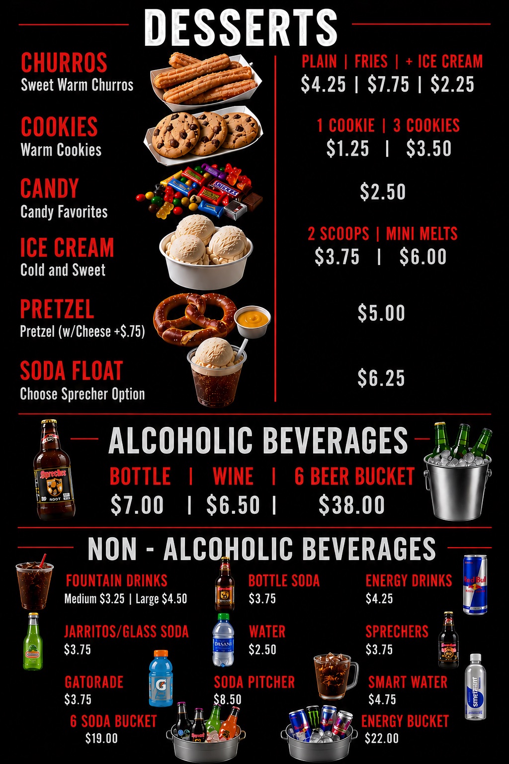 Nitro Cafe desserts and drinks menu: churros, cookies, ice cream, soda floats, beer, and wine