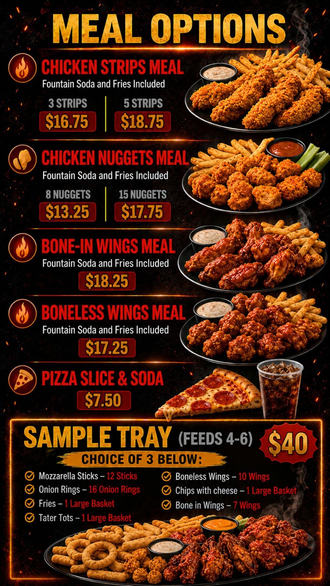 Nitro Cafe meal options menu: chicken strips, nuggets, and wings meals, pizza slice and soda combo, and the sample tray