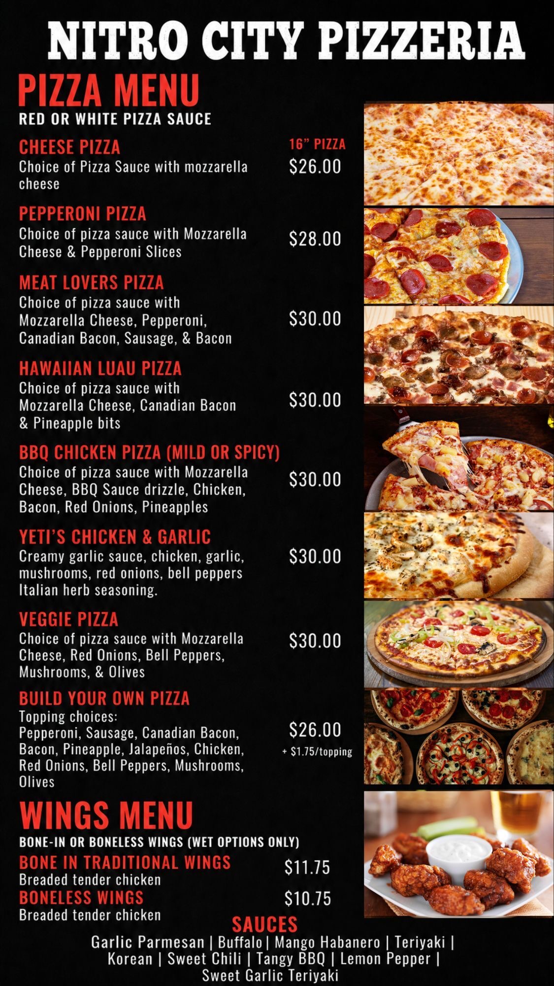 Nitro City Pizzeria menu: 16-inch pizzas and bone-in or boneless wings