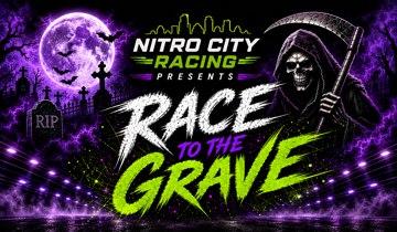 Race to the Grave poster: a grim reaper over the Nitro City track under a full moon