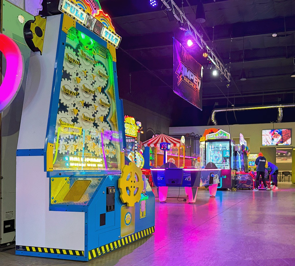 Arcade games lit up at Nitro City Racing